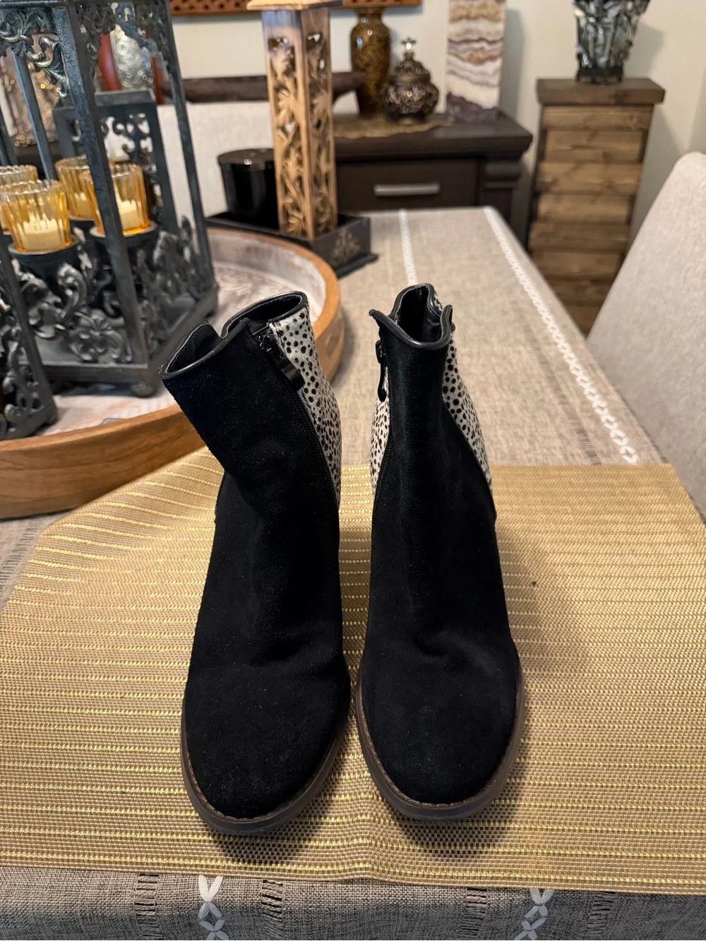 Very Volatile Black Suede Wedge Ankle Boots with Speckled Back